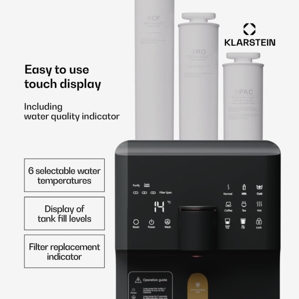 Klarstein AquaFina 6L, čistička vody, 5-stupňová filtrácia, objem 6 l, HD dotykový displej, 6 teplôt vody, čierna - Image 3