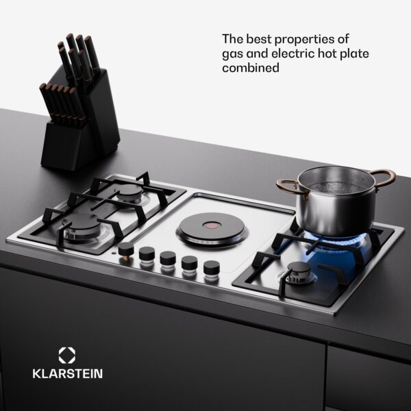 Klarstein MultiChef 5 Hot Plate, elektrická a plynová varná doska, 5 varných zón, 4 horáky, 1 elektrická platňa - Image 2
