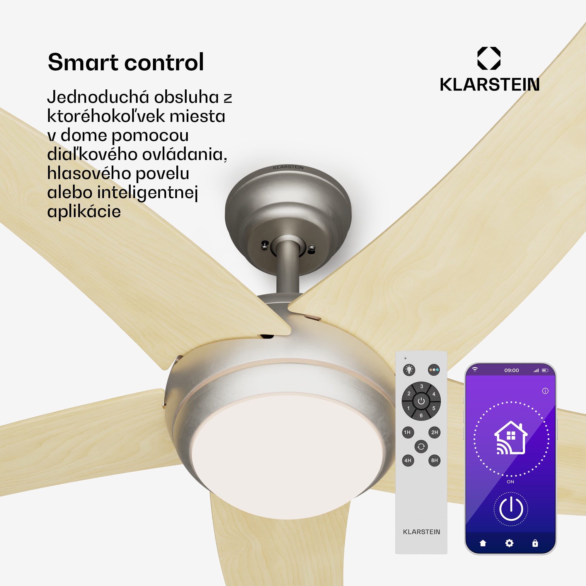 Klarstein Bolero 2 v 1 Smart, stropný ventilátor, Ø 132 cm, svetlo 55 W, diaľkové ovládanie, ovládanie cez aplikáciu, 2 smery chodu