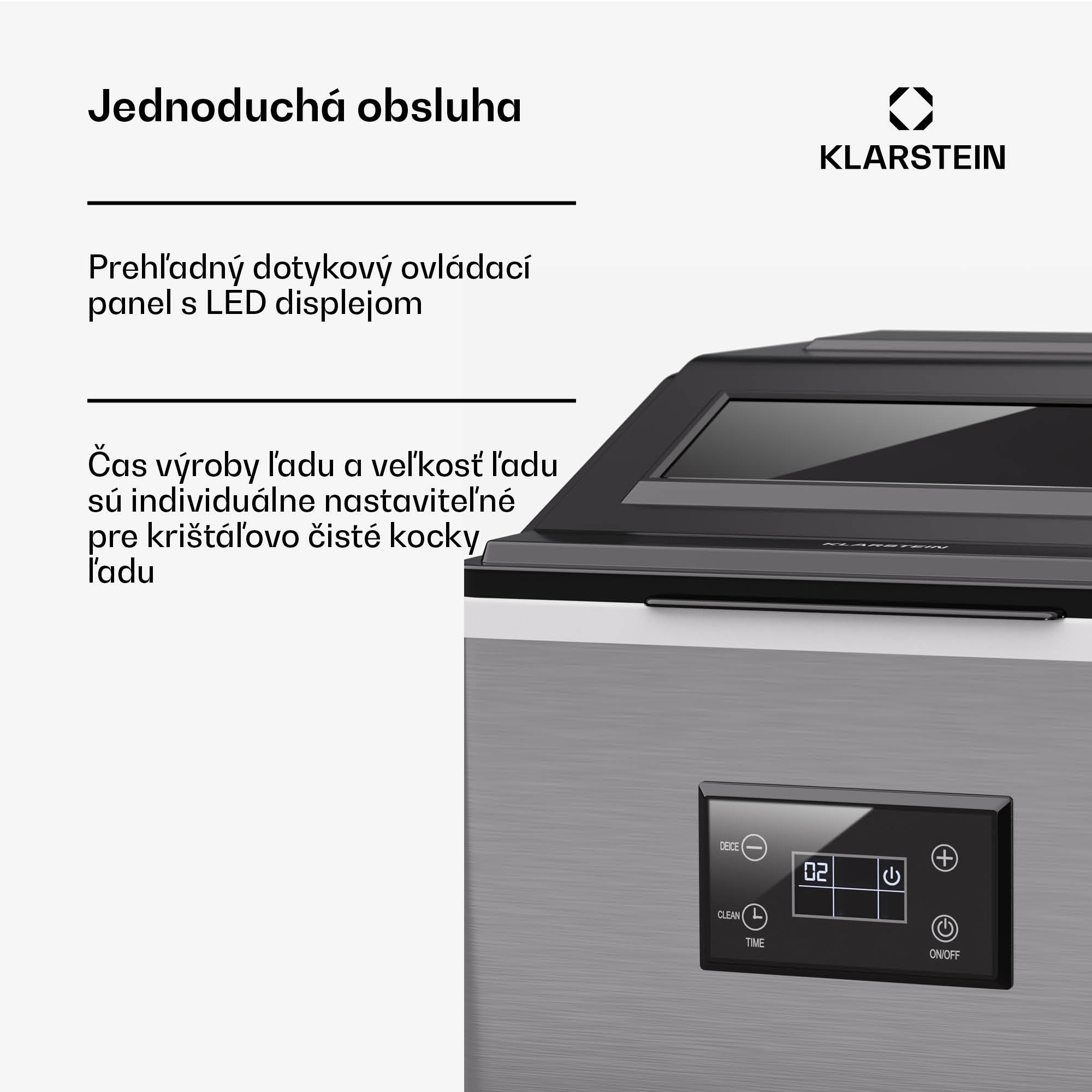 Klarstein FrostMaster, výrobník ľadu, 40 kg kociek ľadu za deň, kryt z nehrdzavejúcej ocele, LED displej, vrátane naberačky ľadu – Obrázok 3