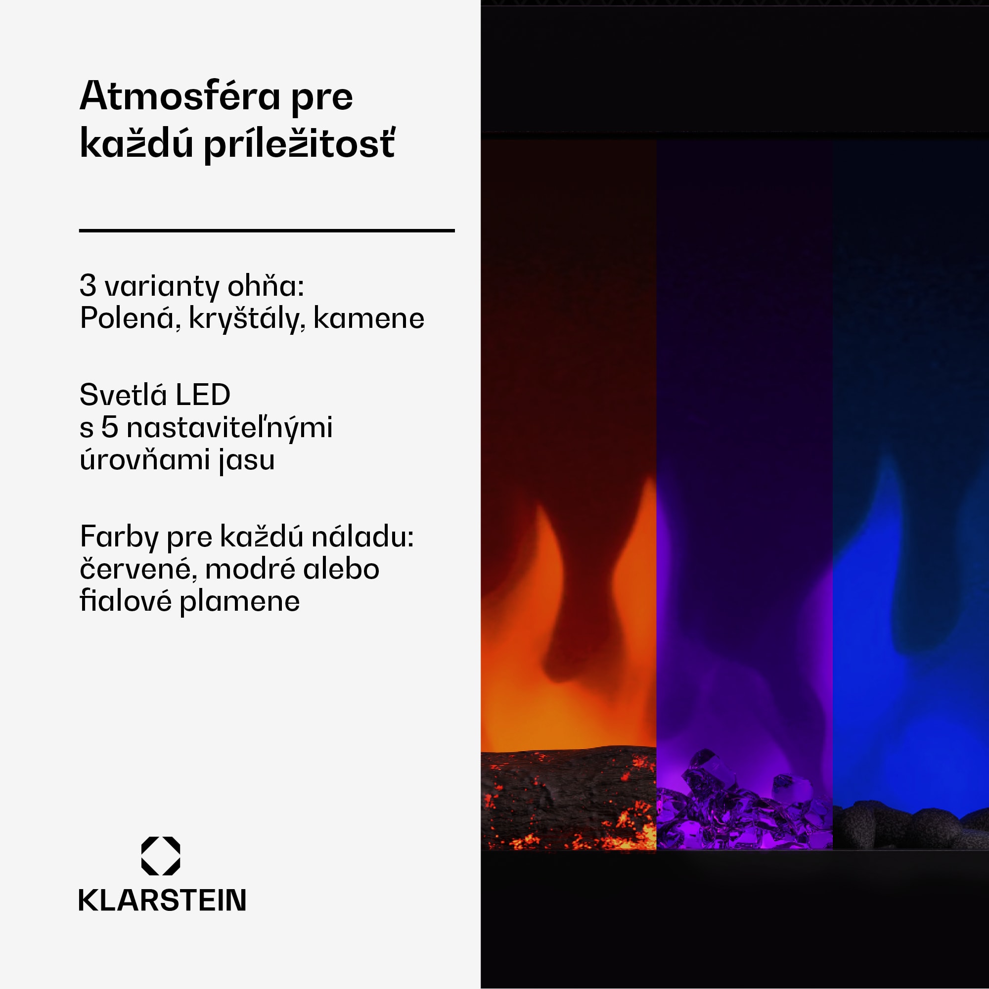 Klarstein Galeras Smart Inteligentný elektrický krb, 2 nastavenia teploty, 16 - 30°| LED ilúzia plameňa, Možnosť pripojenia k IOT