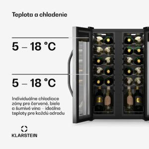 Klarstein Vinamour chladnička na víno, 2 chladiace zóny, 7 políc, dotykové ovládanie, UV-ochrana