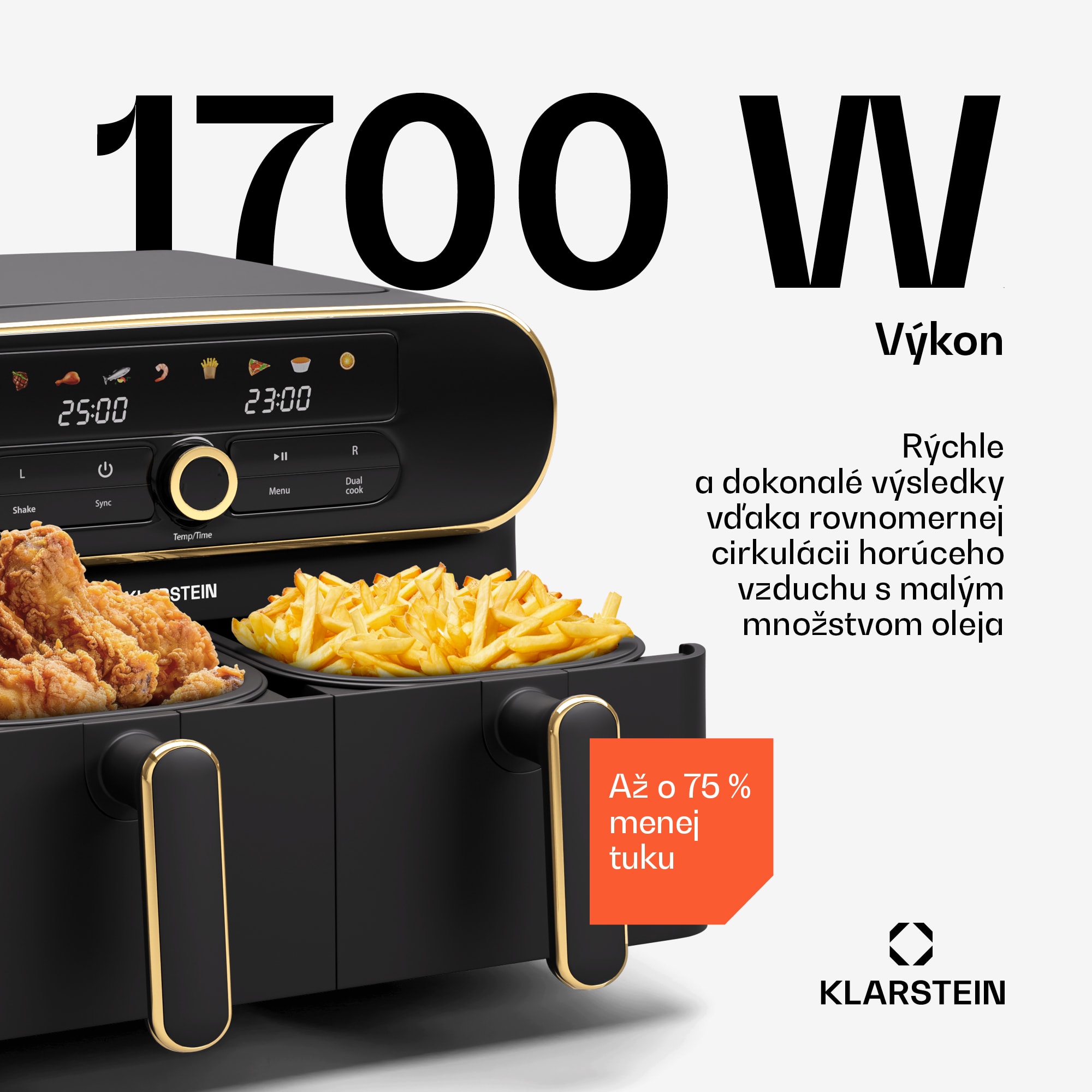 Klarstein AuraAir Color Touch teplovzdušná fritéza, 2 komory, 10 l, 1700 W, 80 - 200 °C, 8 programov