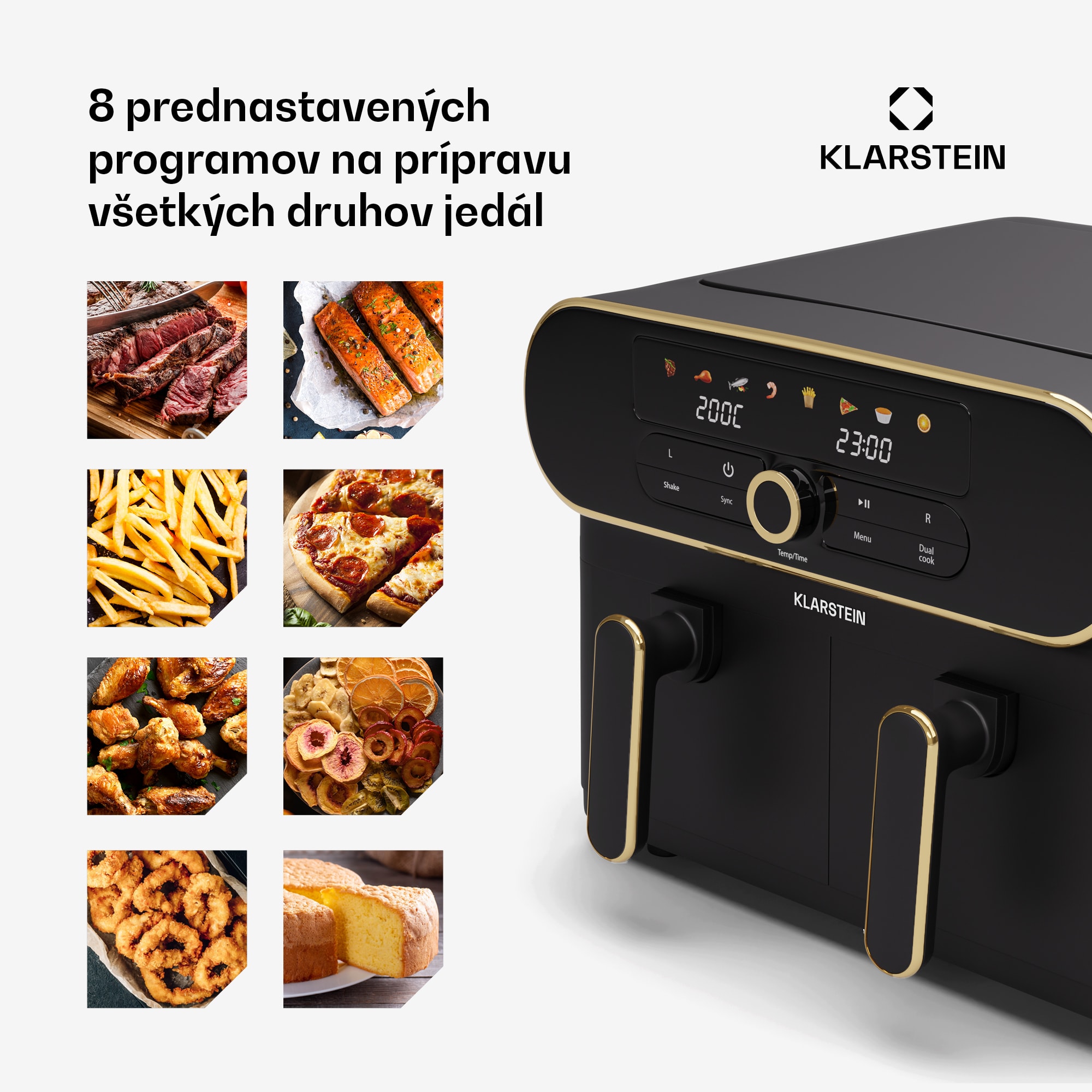 Klarstein AuraAir Color Touch teplovzdušná fritéza, 2 komory, 10 l, 1700 W, 80 - 200 °C, 8 programov – Obrázok 2