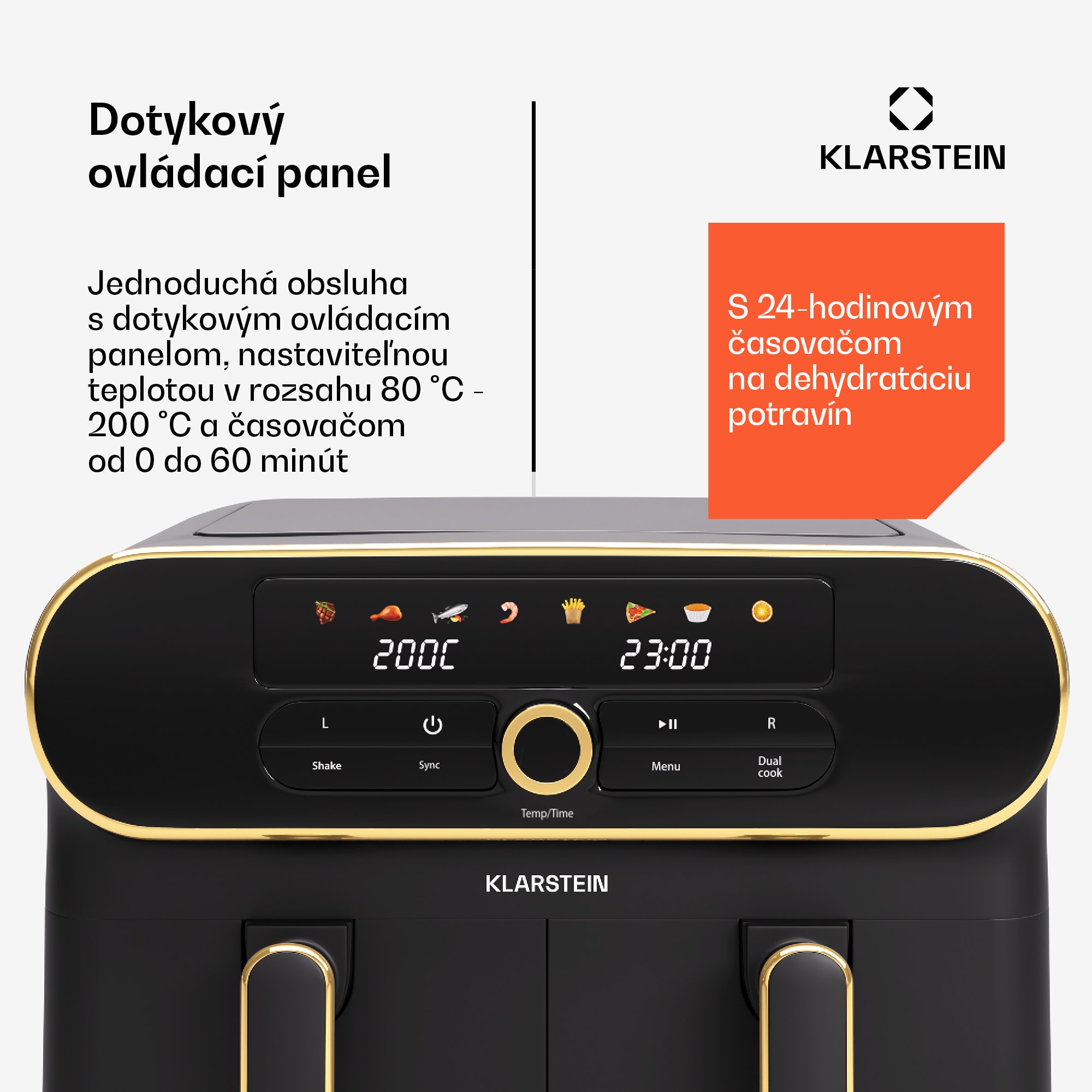 Klarstein AuraAir Color Touch teplovzdušná fritéza, 2 komory, 10 l, 1700 W, 80 - 200 °C, 8 programov – Obrázok 3