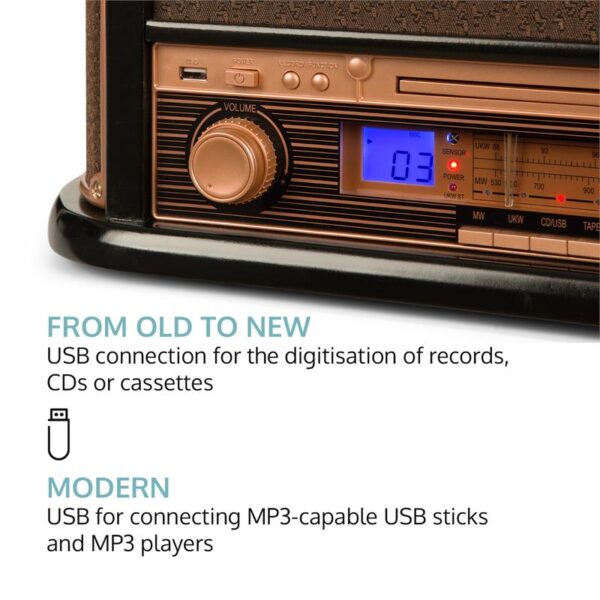 Auna Belle Epoque 1908, retro stereo systém, gramofón, rádio, USB, CD, MP3, mikrosystém