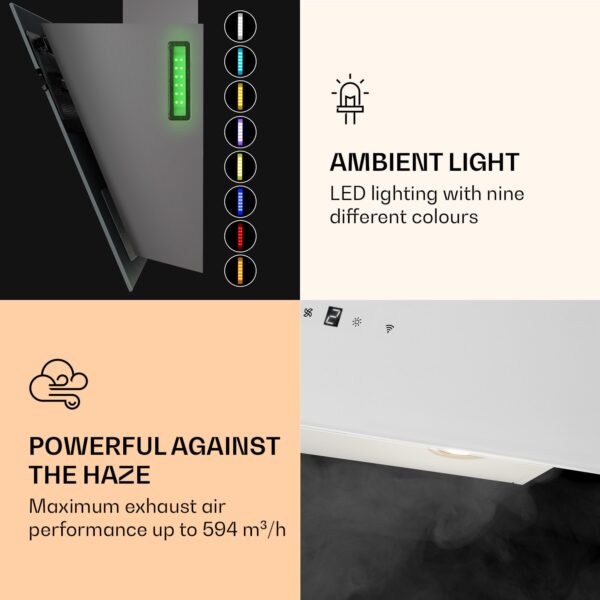 Klarstein Alina 90 Smart, digestor, 90 cm, nástenný, 600 m³/h, LED podsvietenie, skleněné čelo, biely - Image 2