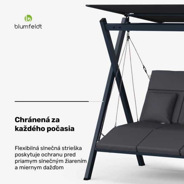 Blumfeldt FlexiSwing, hollywoodska hojdačka, 3-miestna, nastaviteľné operadlo, slnečná strieška, odolná voči poveternostným vplyvom