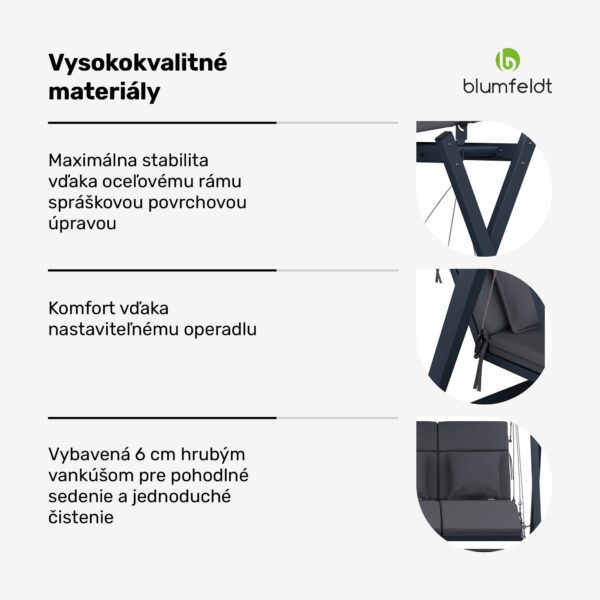 Blumfeldt FlexiSwing, hollywoodska hojdačka, 3-miestna, nastaviteľné operadlo, slnečná strieška, odolná voči poveternostným vplyvom - Image 2