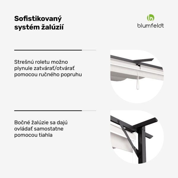 Blumfeldt Pantheon Robust, pergola, 3 x 3 m, s bočnými roletami, práškovo lakovaná oceľ odolná voči poveternostným vplyvom
