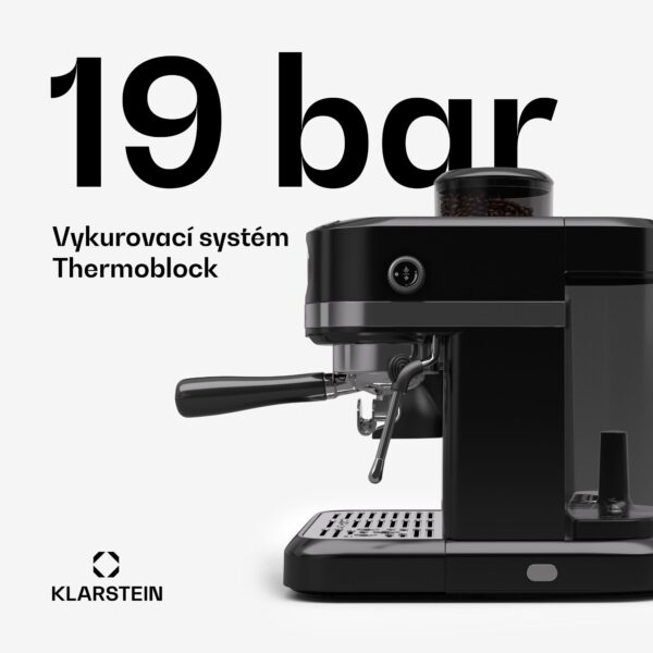 Klarstein Bella Café Pákový kávovar, Vintage, mlynček, 19 bar, Napeňovač mlieka, Tlakomer, 1150 W