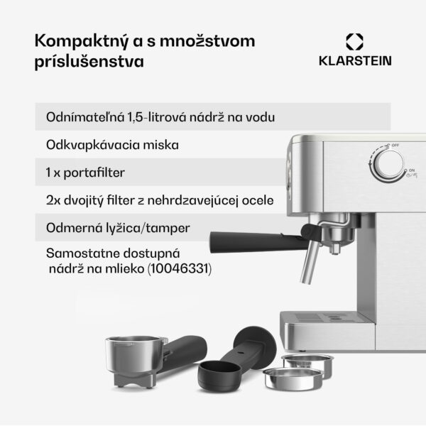 Klarstein SteelPresso kávovar s portafiltrom, Kompaktný, 20 bar, Naparovač, Ohrievacia platňa - Image 3