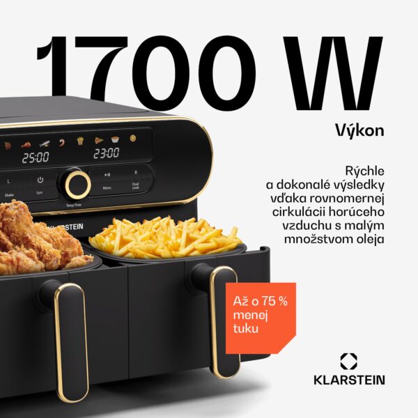 Klarstein AuraAir Color Touch teplovzdušná fritéza, 2 komory, 11 l, 1700 W, 80 - 200 °C, 8 programov