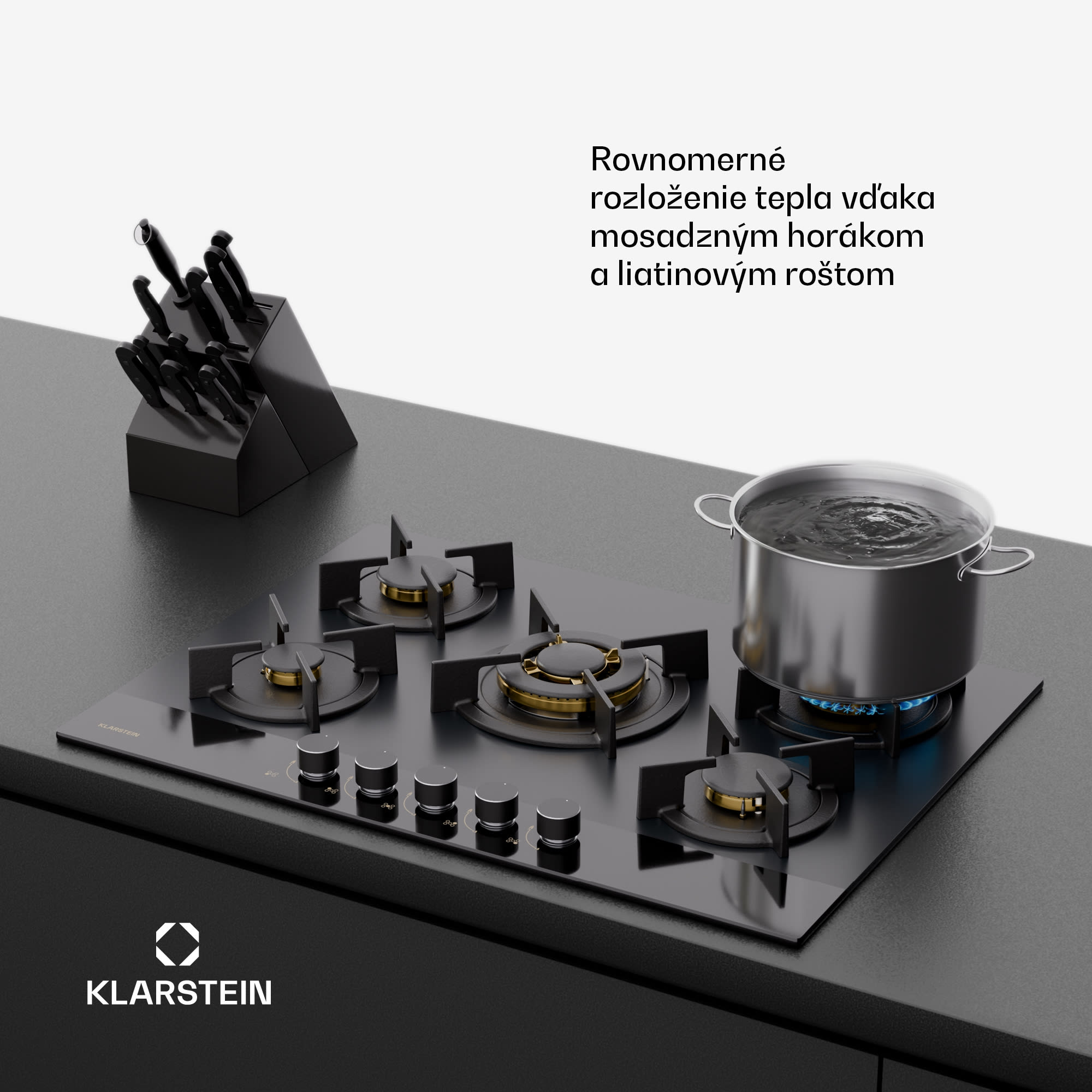 Klarstein Goldflame Nano plynová varná doska, 5 mosadzných horákov, Nano povlak, LPG/zemný plyn