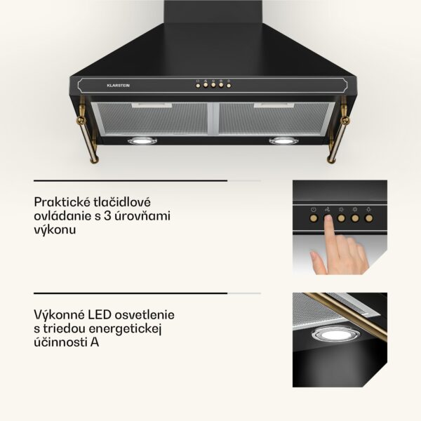 Klarstein Victoria, digestor, 60 cm, nástenný, 644,5 m³/h, LED, retro dizajn, čierny - Image 3