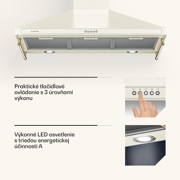 Klarstein Victoria 90, digestor, 90 cm, nástenný, 644,5 m³/h, LED, retro dizajn, slonovinový - Image 3