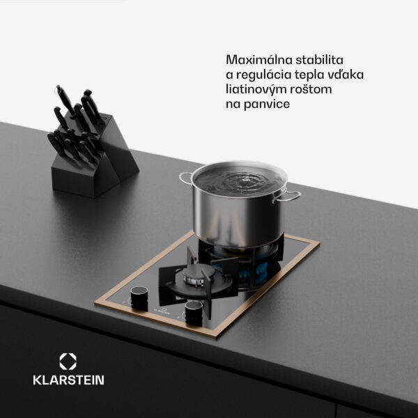 Klarstein Lumiflame plynová varná doska, 2 horáky, medený rám, elektrické zapaľovanie, výkon 4,2 kW