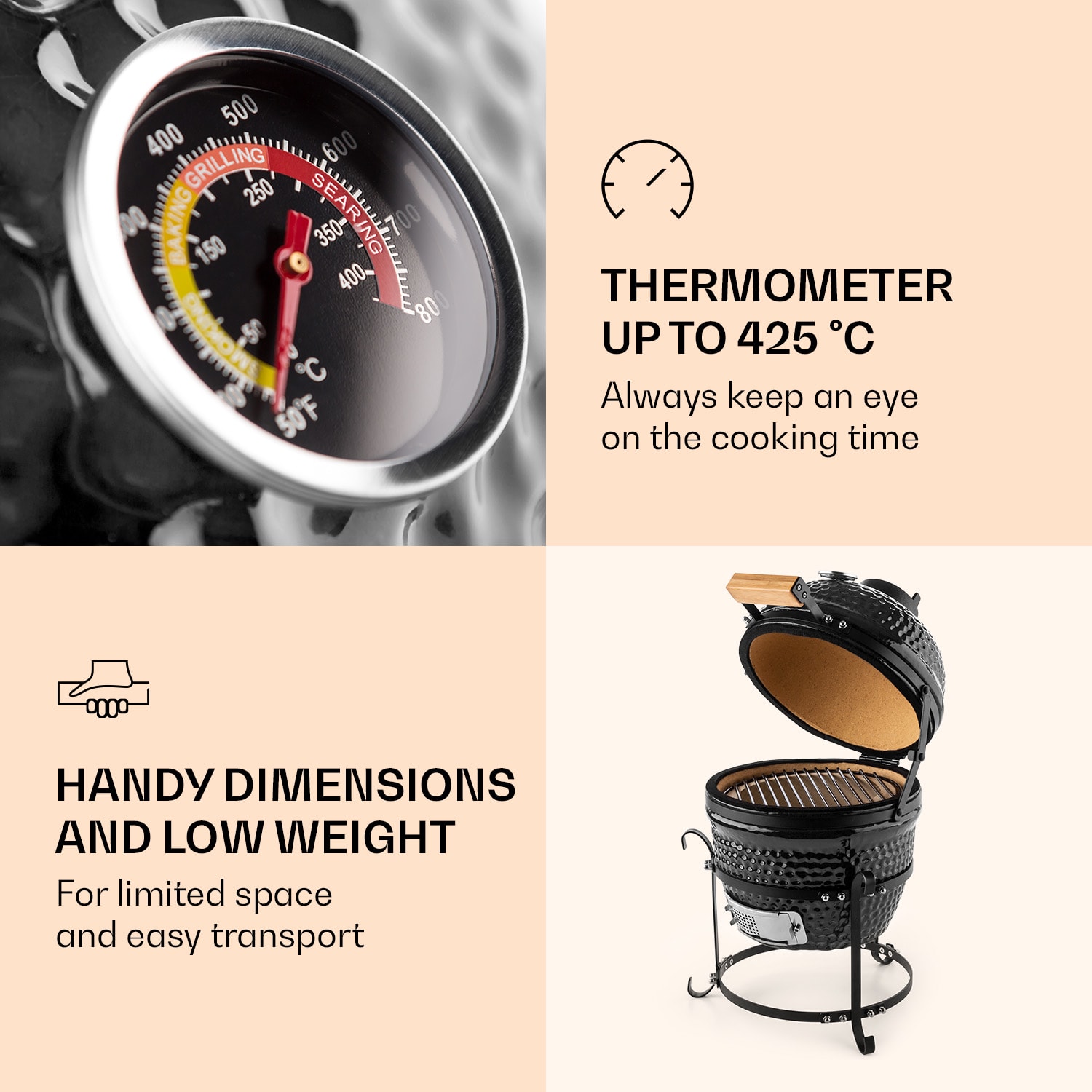 Klarstein Princesize, kamado gril, keramický, 11", údenie, BBQ, pomalé varenie, čierny – Obrázok 2