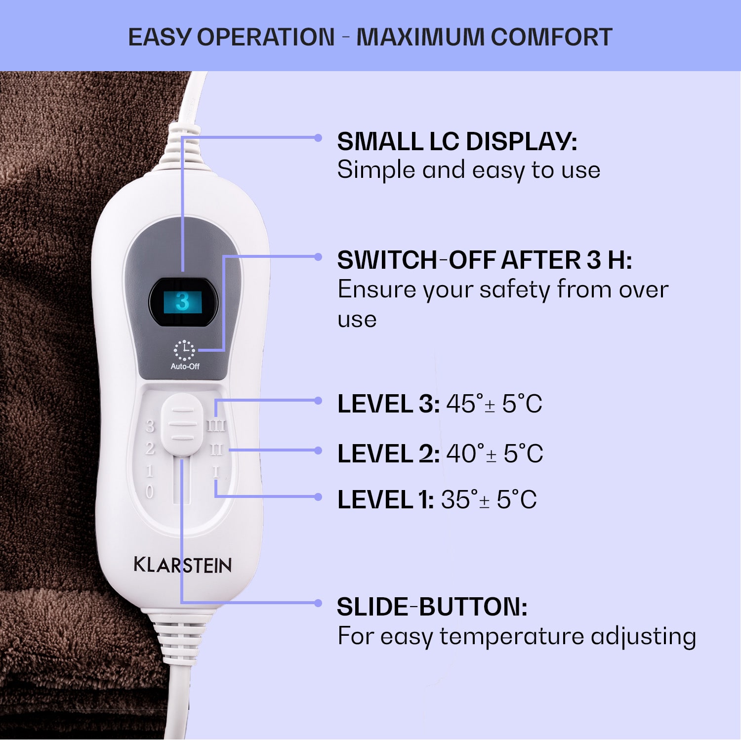 Klarstein Dr. Watson XXL, vyhrievacia deka, 3 stupne ohrevu, prateľná, 200 x 180 cm, mikroplyš – Obrázok 3