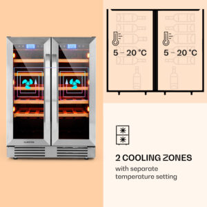 Klarstein Vinovilla Duo 42, dvojzónová vinotéka, 126 l, 42 fliaš, 3 farebné LED osvetlenie, sklenené dvere