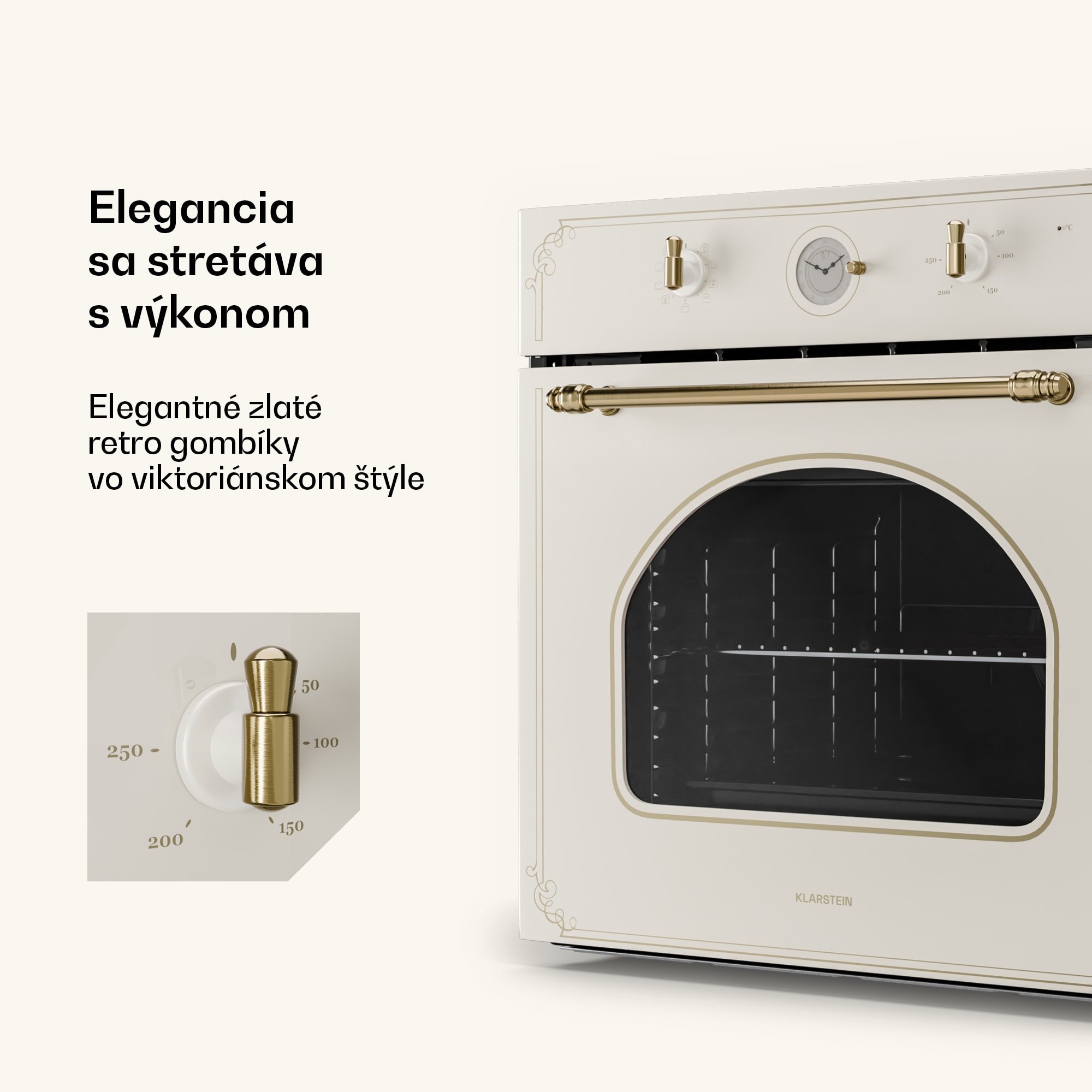 Klarstein Victoria, vstavaná rúra, retro vzhľad, 9 funkcií, 50 – 250 °C, slonovinová