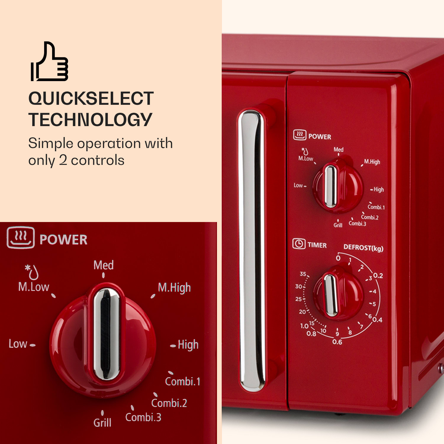 Klarstein Caroline, mikrovlnná rúra, 20 l, 700/1000 W, Ø 25,5 cm, QuickSelect, retro, červená