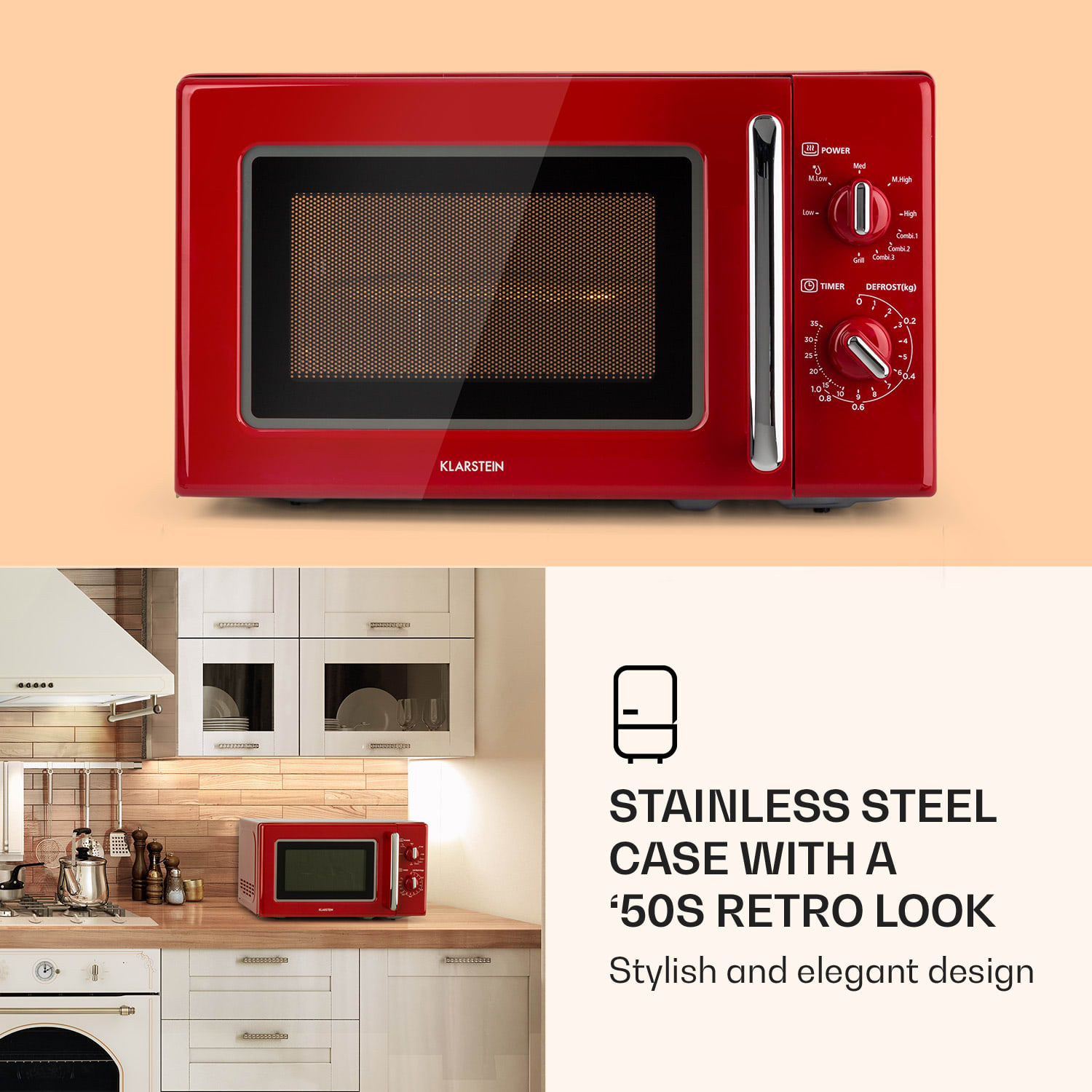 Klarstein Caroline, mikrovlnná rúra, 20 l, 700/1000 W, Ø 25,5 cm, QuickSelect, retro, červená – Obrázok 2