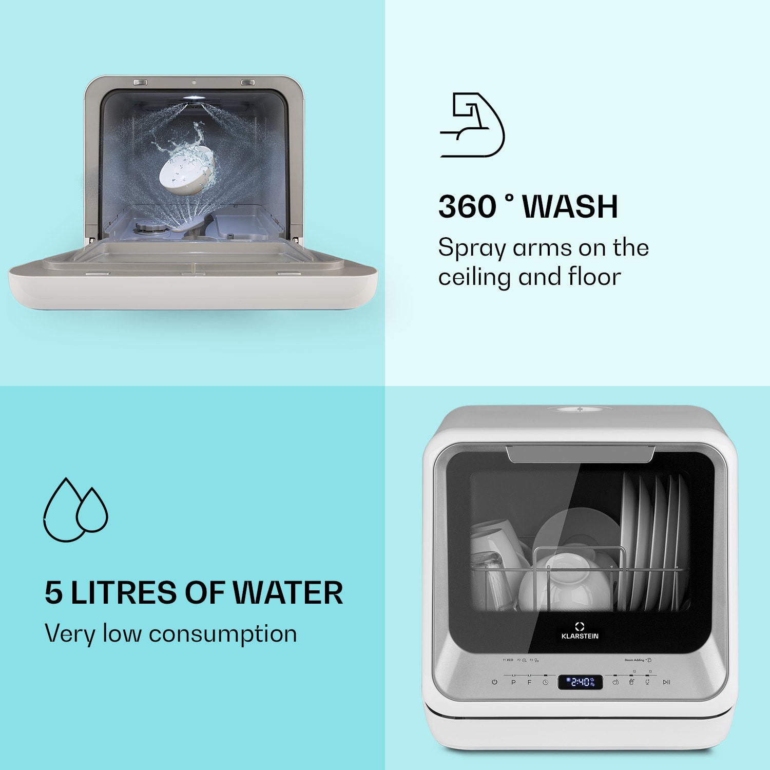 Klarstein Amazonia Mini, umývačka riadu, 6 programov, LED displej – Obrázok 2