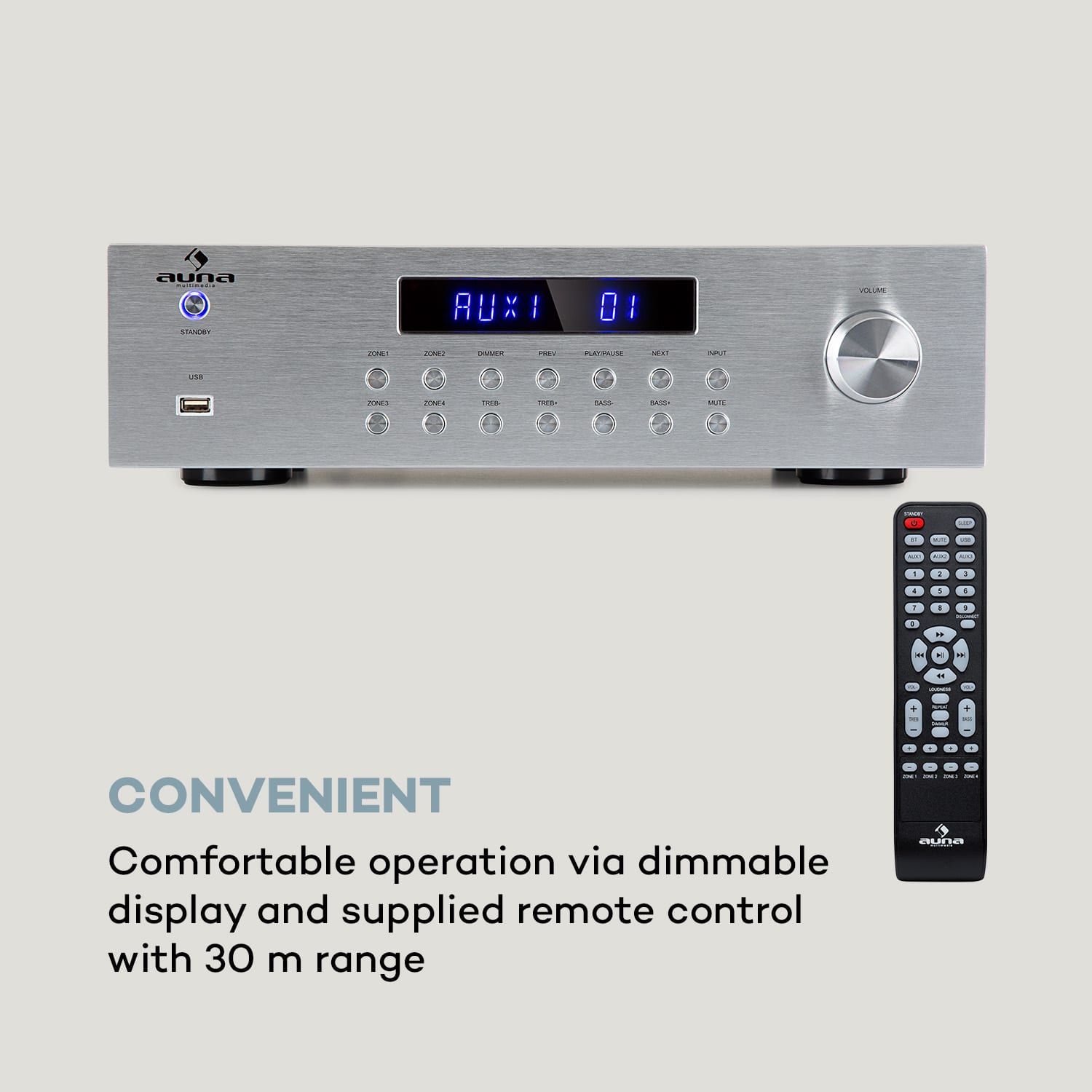 Auna AV2-CD850BT, 4-zónový HiFi stereo zosilňovač, 8 x 50 W RMS, bluetooth, USB, strieborný – Obrázok 3