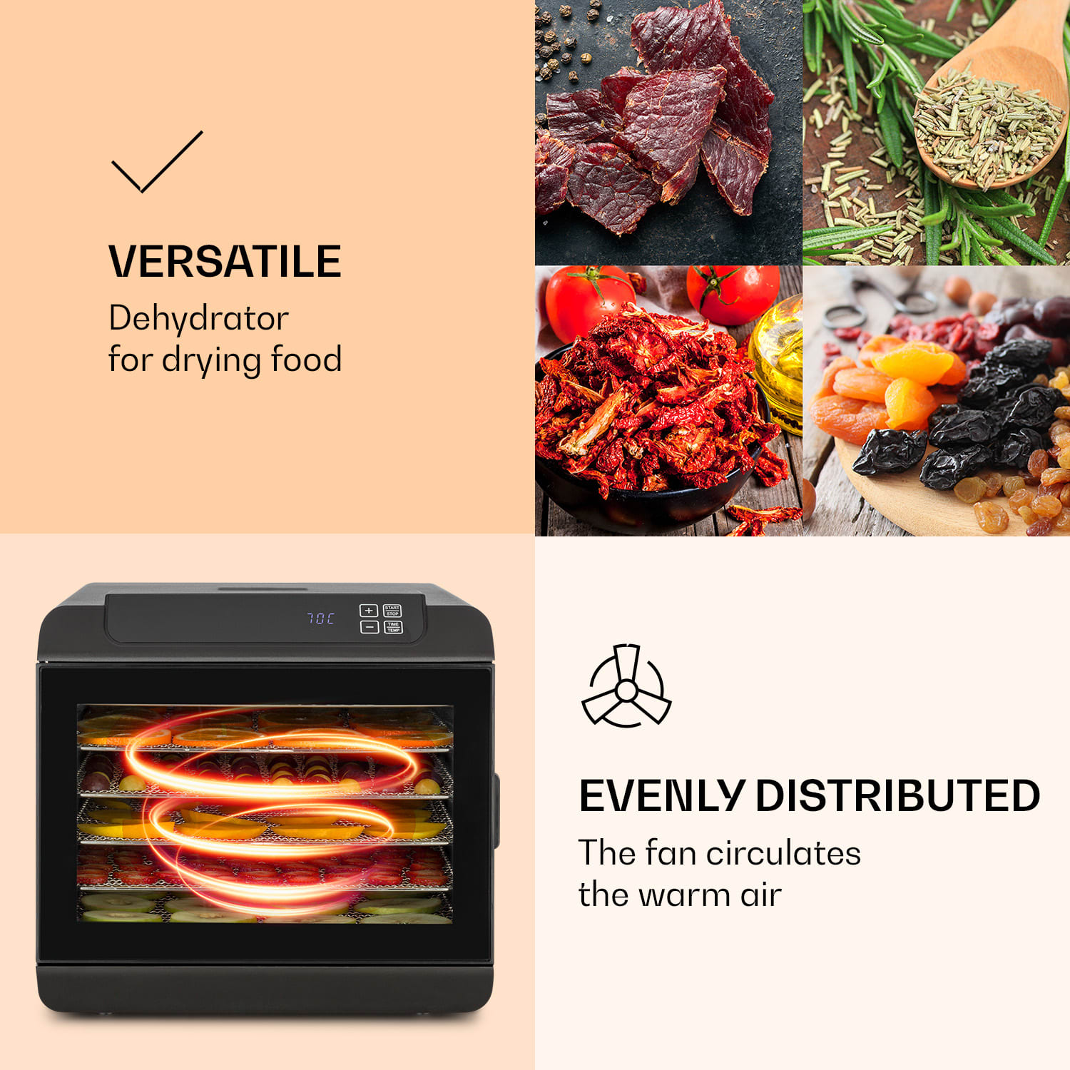 Klarstein Arizona Jerky, sušička ovocia, 500 W, 35-70 °C, digitálny dotykový displej, čierna – Obrázok 2