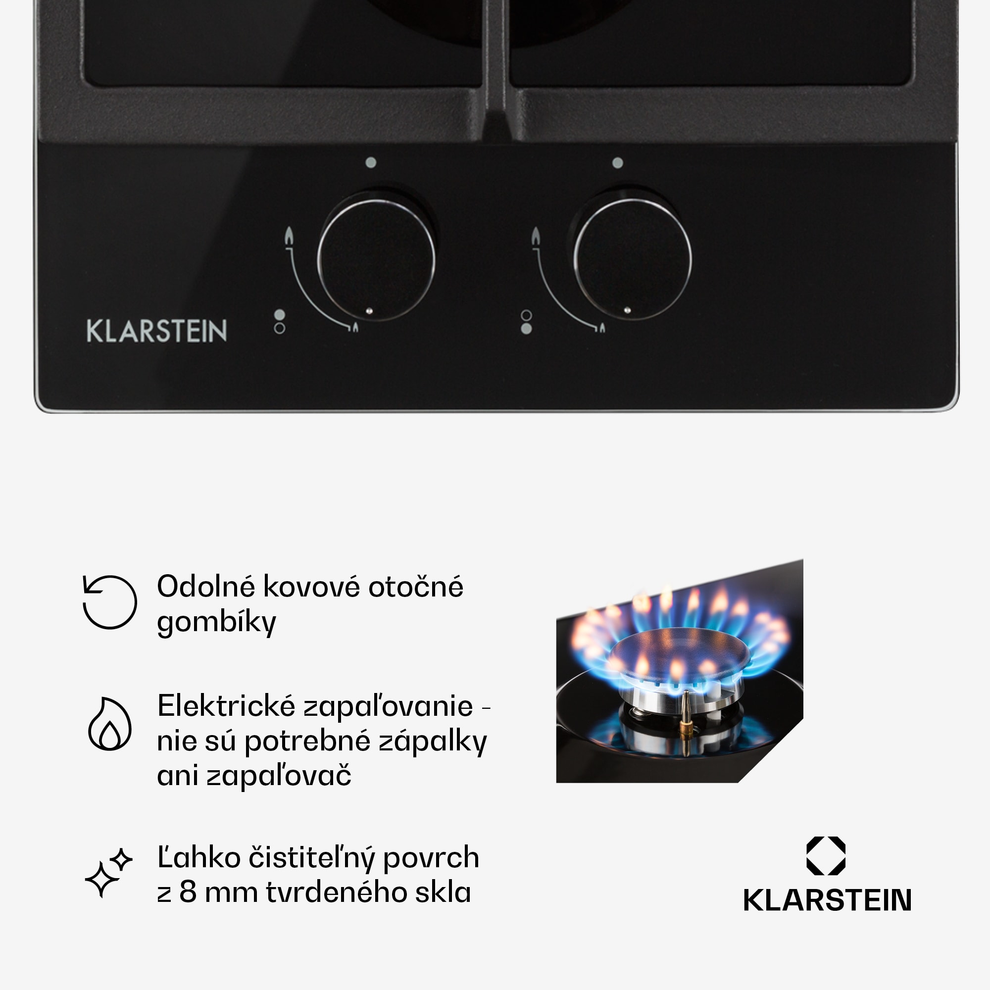 Klarstein Ignito Domino, plynová varná doska, 2 Sabaf horáky, sklokeramika, čierna – Obrázok 2