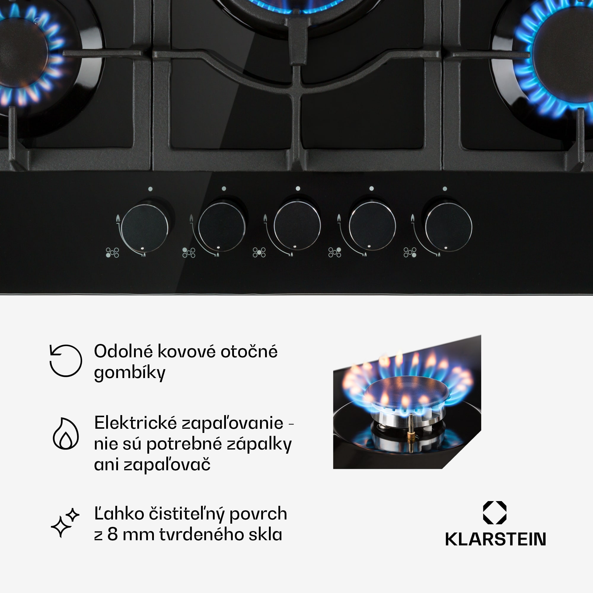 Klarstein Ignito 5, plynová varná doska, 5 Sabaf horákov, sklokeramika, čierna – Obrázok 2