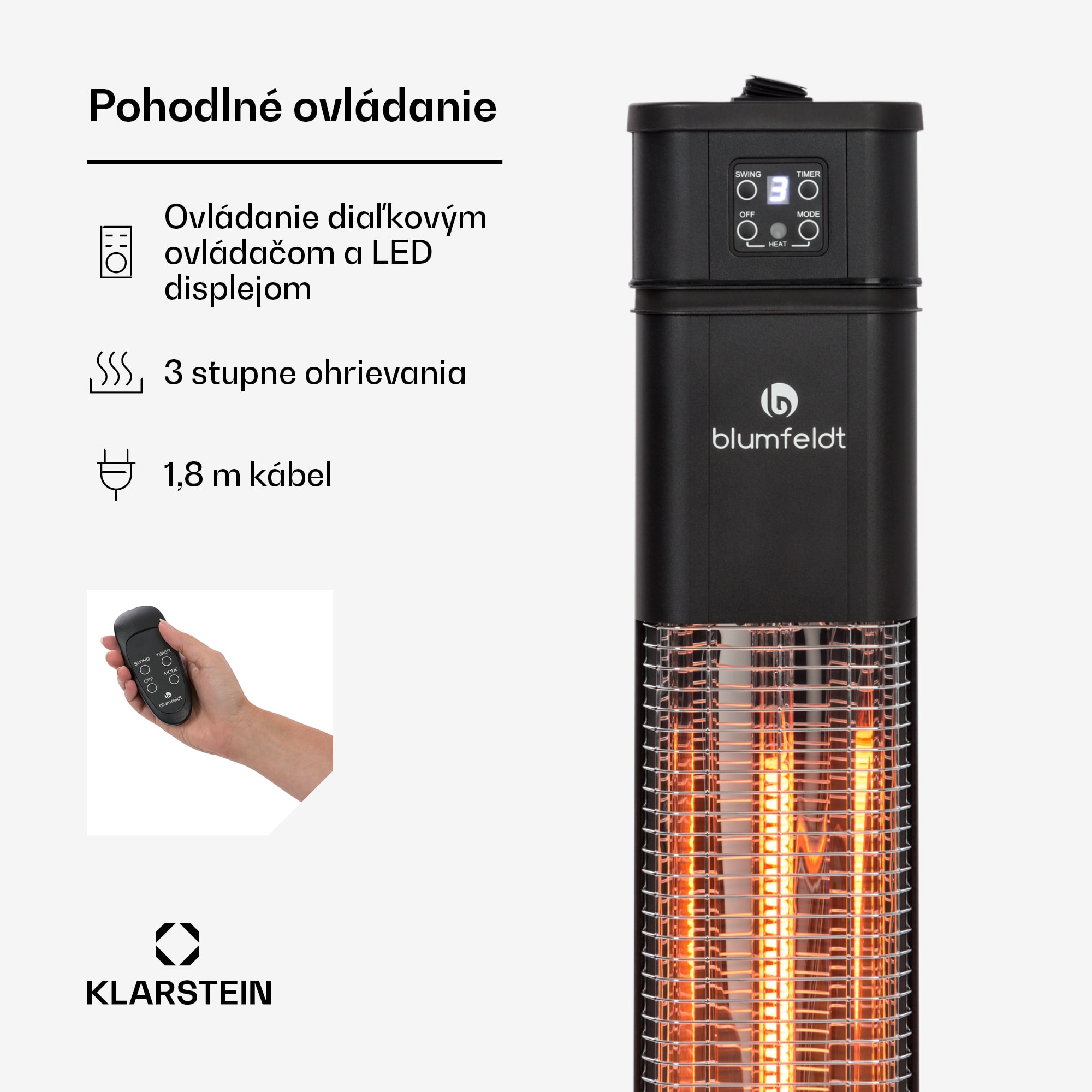 Blumfeldt Heat Guru Plus, infračervený ohrievač, 2000 W, 3 stupne ohrevu, diaľkový ovládač, čierny