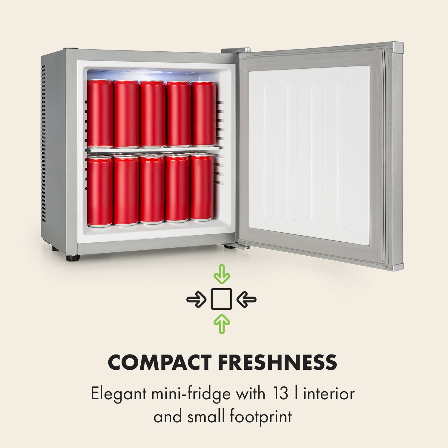 Klarstein Secret Cool, mini chladnička, minibar, 13 l, energet. trieda G, strieborná – Obrázok 3