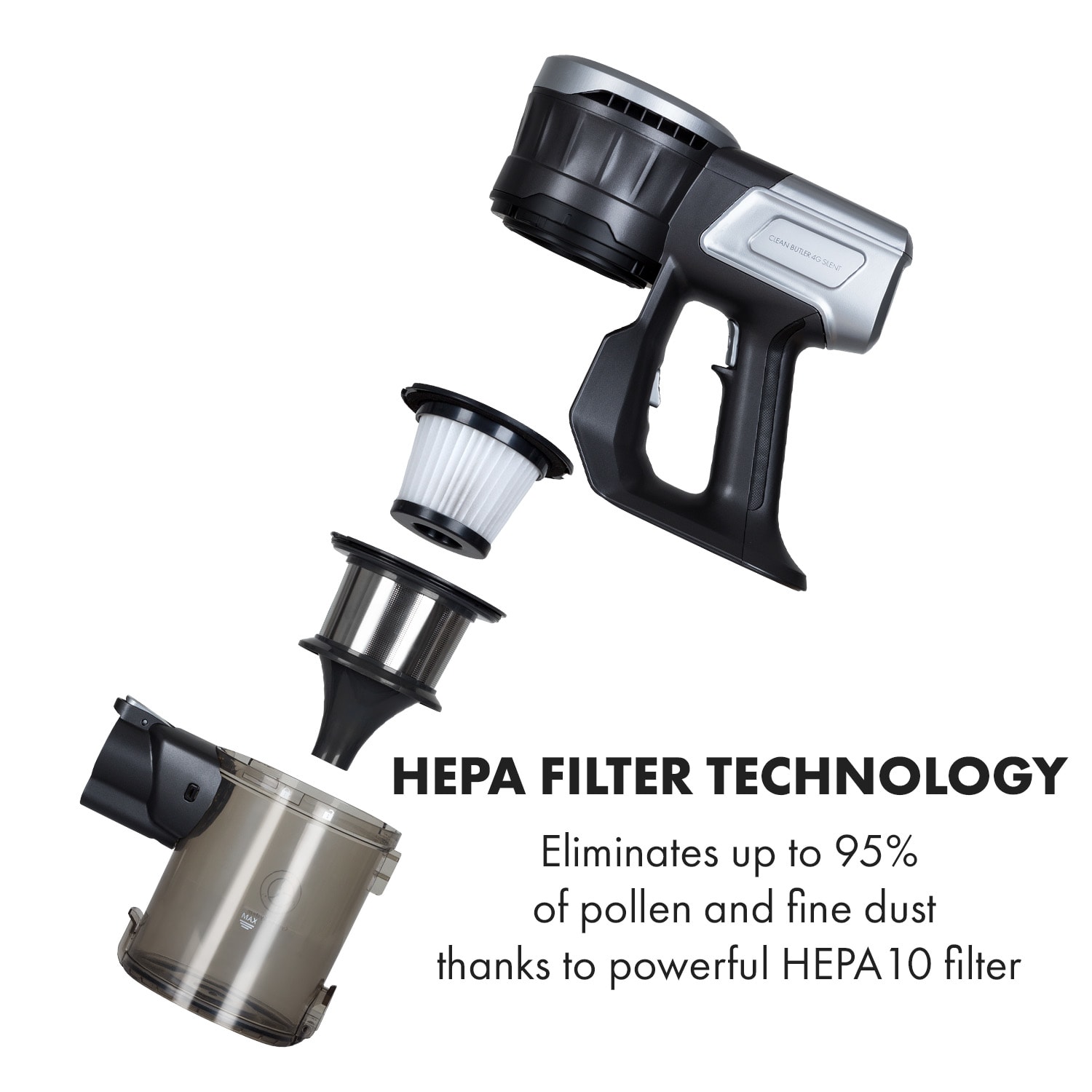 Klarstein Clean Butler 4G Silent, akumulátorový vysávač, 16 kPa, 0,8 l, HEPA10, čierny – Obrázok 3