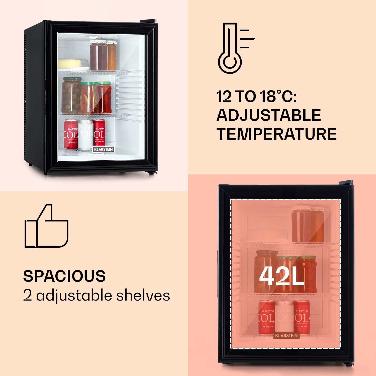 Klarstein Brooklyn 42, mini chladnička, sklenené dvere, LED osvetlenie, police