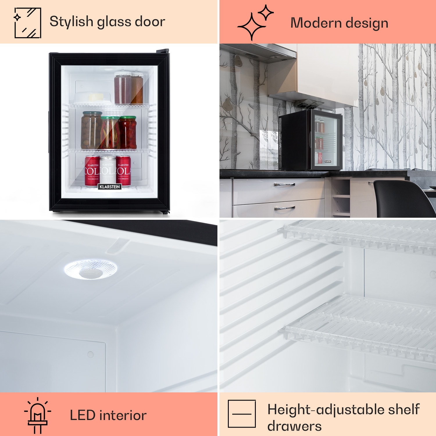 Klarstein Brooklyn 42, mini chladnička, sklenené dvere, LED osvetlenie, police – Obrázok 2