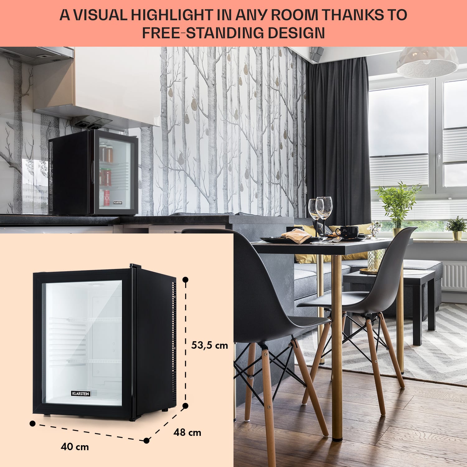 Klarstein Brooklyn 42, mini chladnička, sklenené dvere, LED osvetlenie, police – Obrázok 3