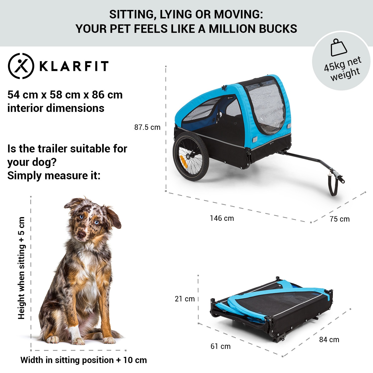 KLARFIT Husky, príves na bicykel pre psov, cca 250L, 600D, Oxfortdské plátno, modrý – Obrázok 3