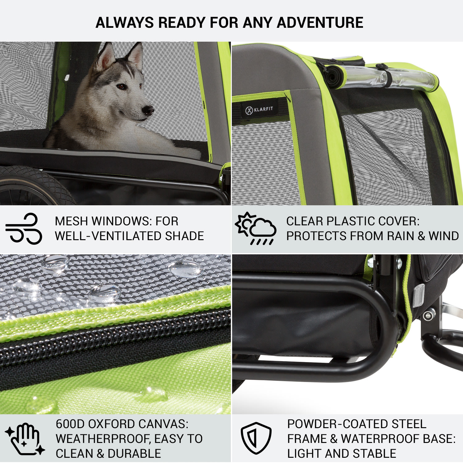 KLARFIT Husky Vario, 2-v-1, príves pre psa, bugina pre psov, cca 240L, 600D, Oxfort, zelený – Obrázok 2