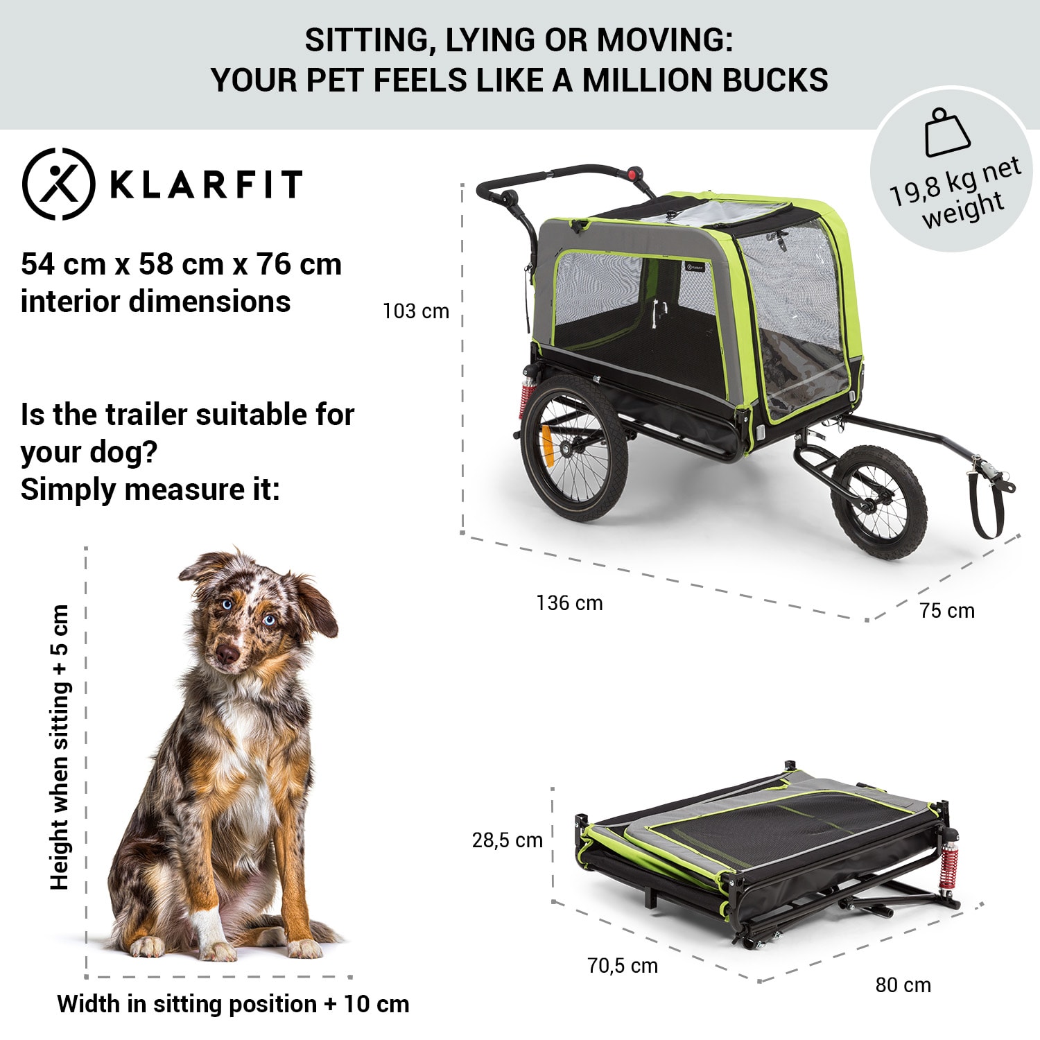 KLARFIT Husky Vario, 2-v-1, príves pre psa, bugina pre psov, cca 240L, 600D, Oxfort, zelený – Obrázok 3