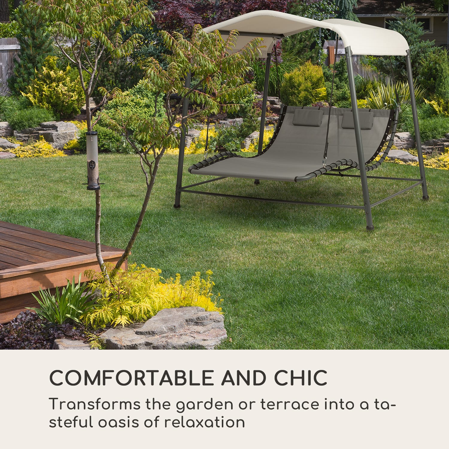 Blumfeldt Palermo, dvojité hojdacie ležadlo, voľne stojace, oceľový rám, vankúš, strecha, sivé – Obrázok 2