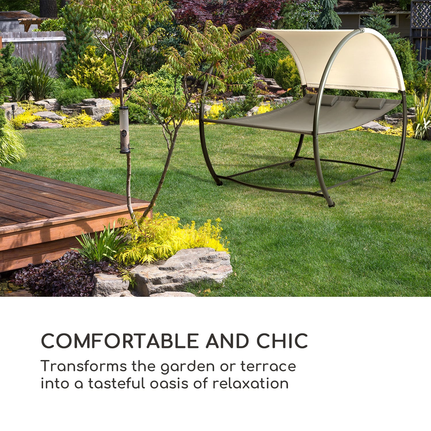 Blumfeldt Umbria, dvojitá hojdacia sieť, voľne stojaca, oceľový rám, vankúš, strecha, sivá