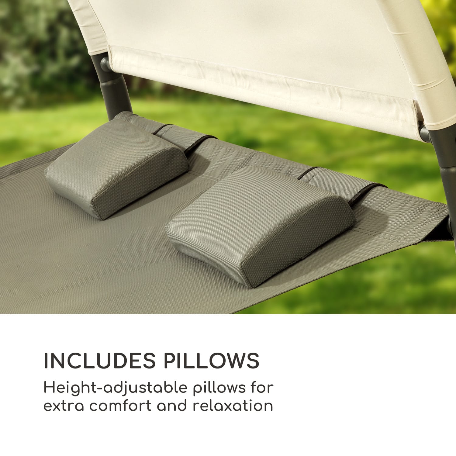 Blumfeldt Umbria, dvojitá hojdacia sieť, voľne stojaca, oceľový rám, vankúš, strecha, sivá – Obrázok 3