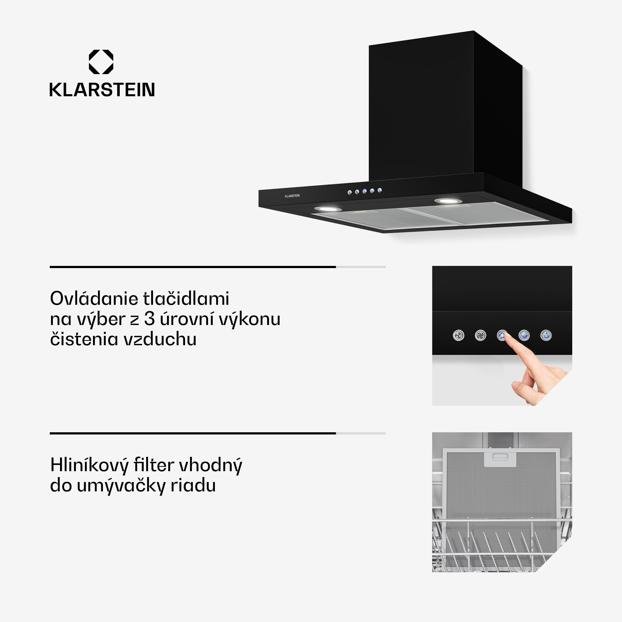 Klarstein Limelight, digestor, 60 cm, nástenný, 600 m³/h, čierny – Obrázok 3