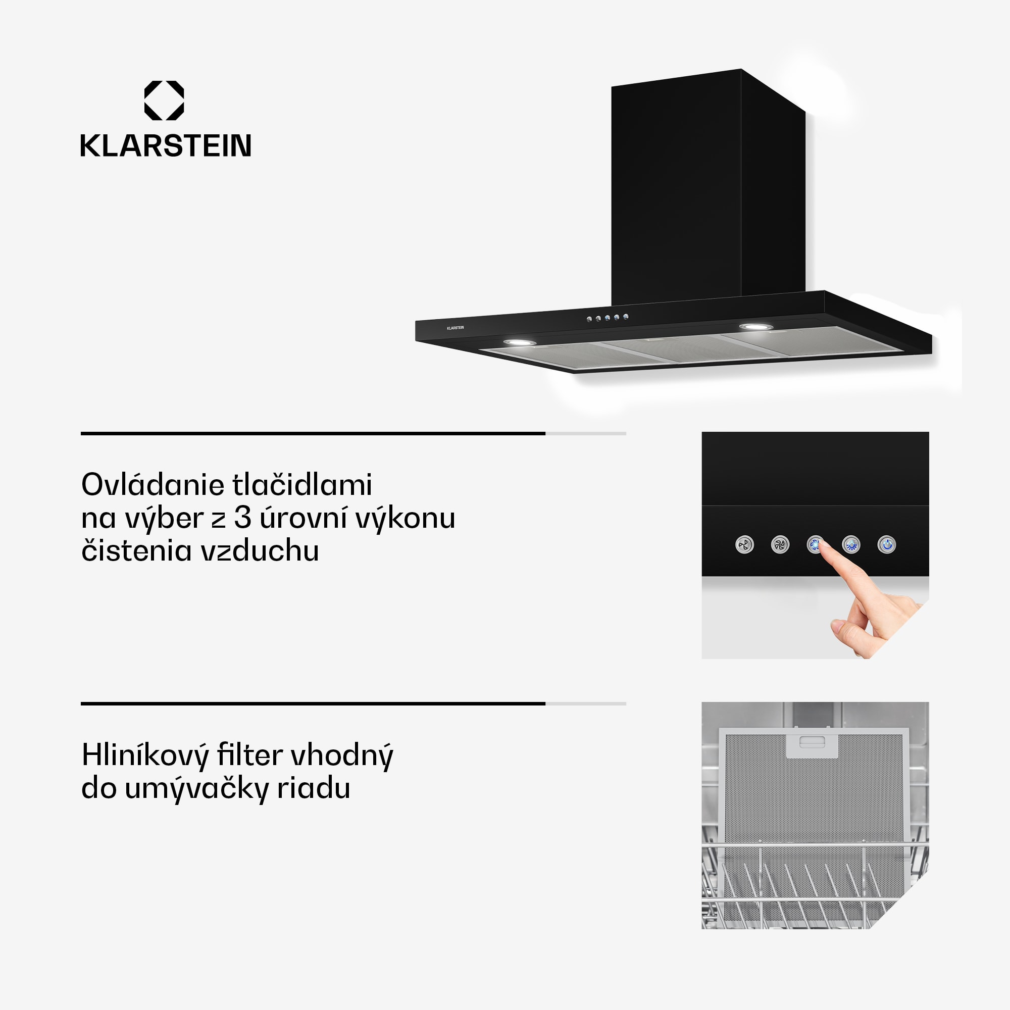 Klarstein Limelight, digestor, 90 cm, nástenný, 600 m³/h, čierny – Obrázok 3