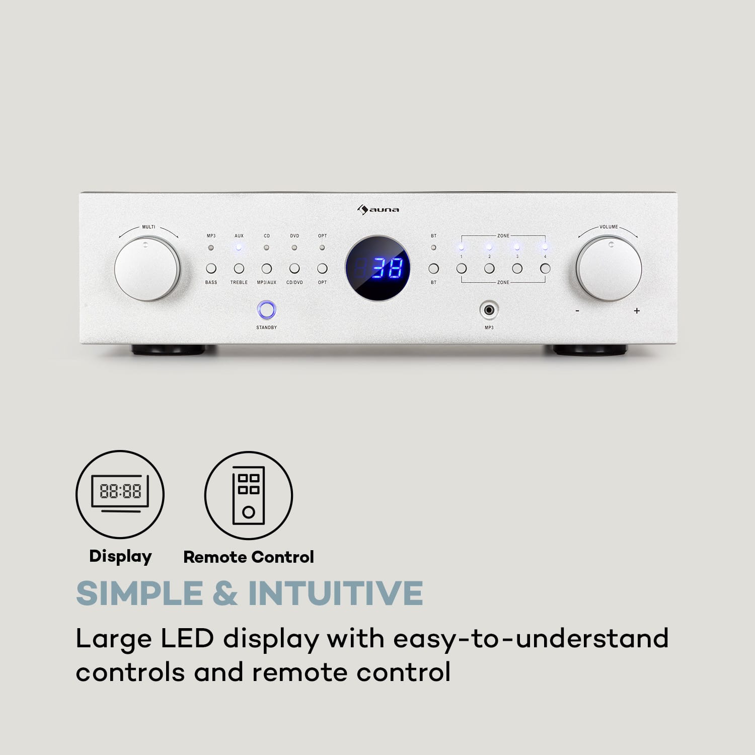 Auna AMP-CD950 DG, digitálny viackanálový zosilňovač, 8 x 100 W, BT, opt. vstup, diaľkový ovládač – Obrázok 2