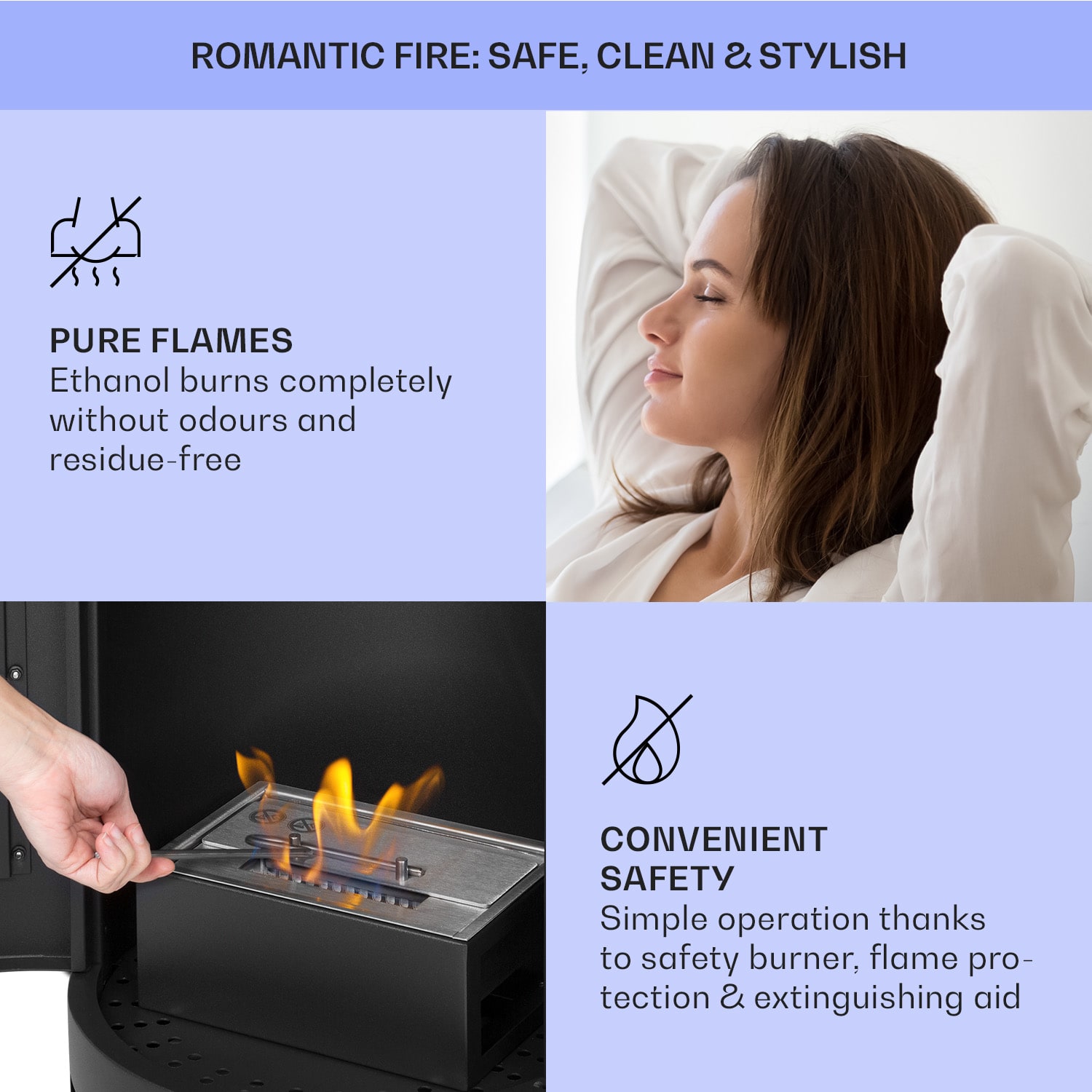 Klarstein Phantasma Calor, etanolový krb, bez dymu a bez zápachu, bezpečnostné sklo – Obrázok 3