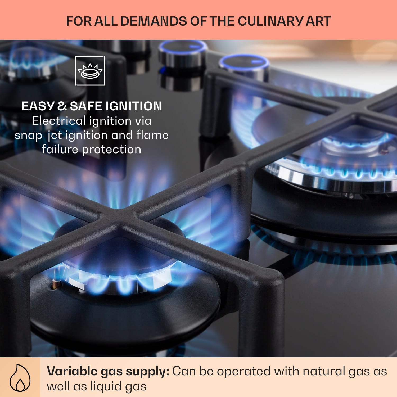 Klarstein Illuminosa 4, plynová varná doska, 4 Sabaf horáky, sklokeramika – Obrázok 2