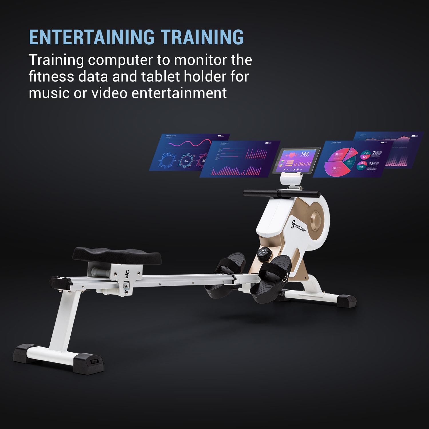 Capital Sports Stream M1, magnetický veslovací trenažér, 105 cm, LC displej, 8 úrovní, hliník